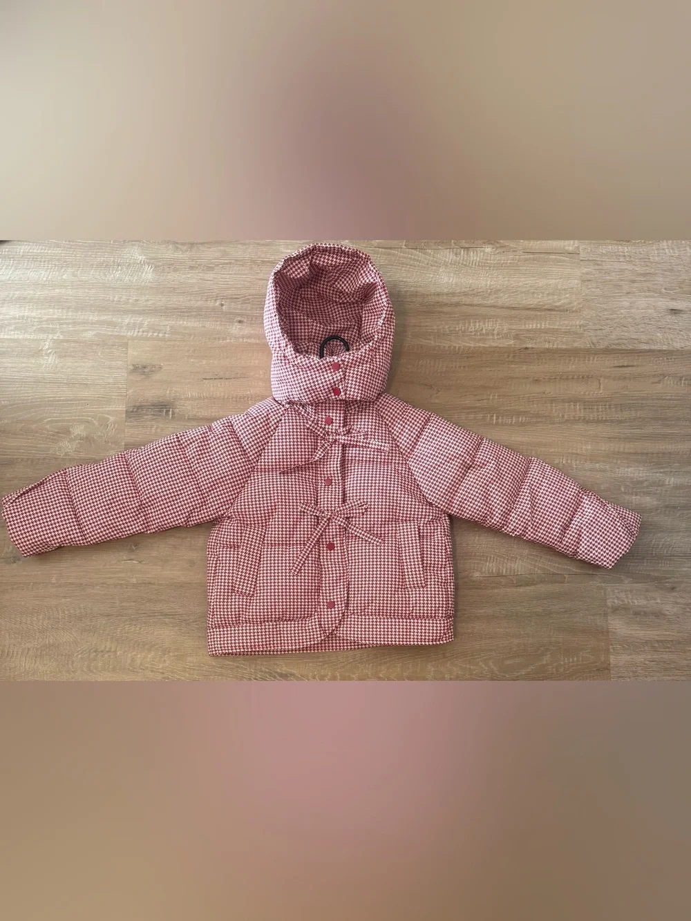 Girls' Red & White Houndstooth Puffer Jacket with Hood NWOT